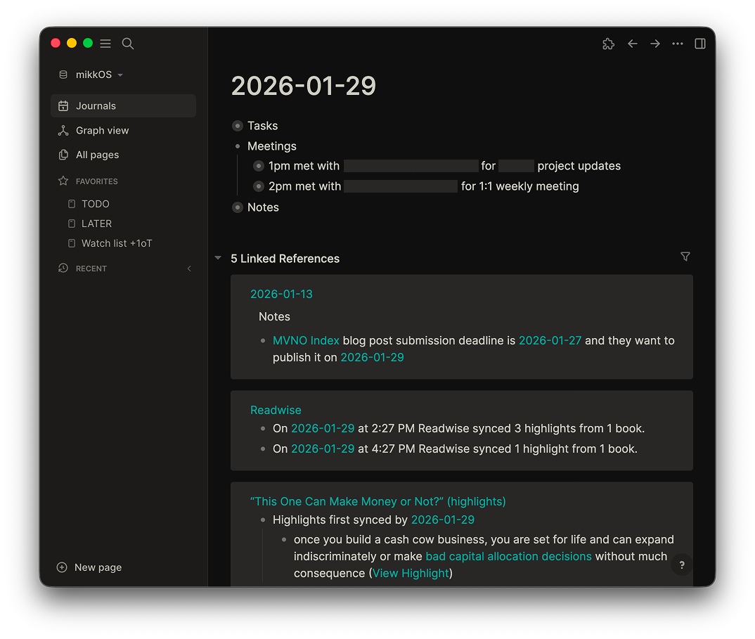 Daily notes in Logseq with TODO, LATER, and Watch list